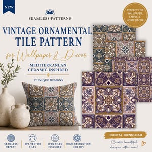 Op de afbeelding: Digitale download met vintage sierlijke tegelpatronen, geïnspireerd op mediterrane keramische tegels. Perfect voor behang, stof en woondecoratie. De afbeelding toont een kussen en voorbeelden van de tegelpatronen.