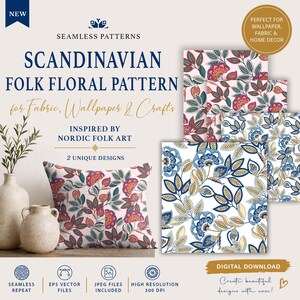 May include: Scandinavian folk floral pattern design for fabric, wallpaper, and home decor. The image shows a pillow and several pattern samples with a repeating floral design in red, blue, and green on a white background. The text says "Seamless Patterns".