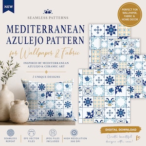 Puede incluir: Descarga digital de un patrón azulejo mediterráneo para papel pintado y tela. El diseño, inspirado en el arte azulejo y cerámico, presenta un patrón de baldosas azules y blancas. La imagen muestra un cojín y muestras de baldosas, ideal para la decoración del hogar.