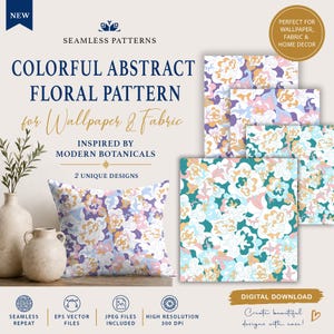 May include: A digital download featuring colorful abstract floral patterns for wallpaper and fabric. The design includes two unique variations with swirling organic shapes in shades of purple, teal, peach, and white, displayed on a square pillow.