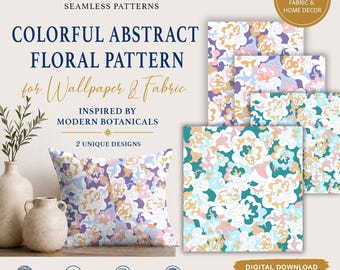 May include: A digital download featuring colourful abstract floral patterns for wallpaper and fabric. The design includes two unique variations with swirling organic shapes in shades of purple, teal, peach, and white, displayed on a square pillow.