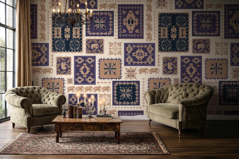 May include: A room with patterned wallpaper in navy, tan, and cream square designs. Two olive green tufted armchairs and a wooden coffee table with a rug. A chandelier hangs above the coffee table, enhancing the room's decor.