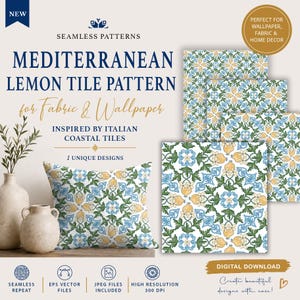 May include: A square pillow and several fabric samples feature a repeating pattern of blue, yellow, and green floral designs. The text reads "Mediterranean Lemon Tile Pattern for Fabric & Wallpaper" and "Inspired by Italian Coastal Tiles."