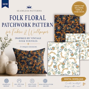 Puede incluir: Un cojín azul marino con un patrón de patchwork floral folk, inspirado en textiles folk vintage. El diseño presenta elementos florales dorados, turquesa y naranja. La imagen también muestra diseños de tela y papel pintado.