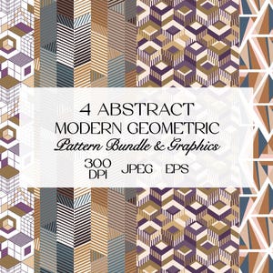 Op de afbeelding: Vier abstracte moderne geometrische patroonontwerpen. De patronen bevatten herhalende vormen, waaronder kubussen, driehoeken en lineaire elementen, in een palet van beige, bruin, paars en blauw. De afbeelding bevat de tekst "4 ABSTRACT MODERN GEOMETRIC Pattern Bundle & Graphics".