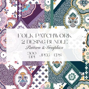 Puede incluir: Un diseño de arte digital con un patrón de patchwork en tonos morados, verde azulado y crema, con elementos florales y geométricos. El diseño incluye el texto "FOLK PATCHWORK 2 DESIGN BUNDLE Pattern & Graphics".