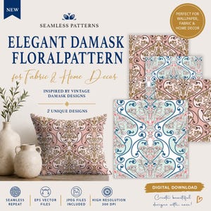 May include: An image showcasing elegant damask floral patterns for fabric and home decor. The design is inspired by vintage damask patterns. The image includes a pillow and several pattern samples in pink, gold, and blue. The text reads "Seamless Patterns" and "Digital Download".