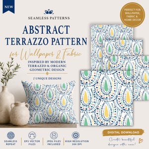 May include: A digital download featuring an abstract terrazzo pattern with teardrop shapes in yellow, green, and dark blue on a white background. The design is displayed on a square pillow and as a repeating swatch, accompanied by text including "NEW," "SEAMLESS PATTERNS," "ABSTRACT TERRAZZO PATTERN," and "DIGITAL DOWNLOAD."