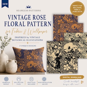 May include: A digital download featuring a vintage rose floral pattern with two unique designs. The text reads: NEW, SEAMLESS PATTERNS, VINTAGE ROSE FLORAL PATTERN for Fabric & Wallpaper, INSPIRED by VINTAGE BOTANICAL ILLUSTRATIONS, 2 UNIQUE DESIGNS.