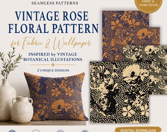 May include: A digital download featuring a vintage rose floral pattern with two unique designs. The text reads: NEW, SEAMLESS PATTERNS, VINTAGE ROSE FLORAL PATTERN for Fabric & Wallpaper, INSPIRED by VINTAGE BOTANICAL ILLUSTRATIONS, 2 UNIQUE DESIGNS.
