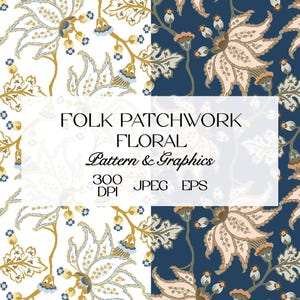 Folk Patchwork Floral Seamless Pattern Bundle | Ethnic Boho Flower Digital Paper