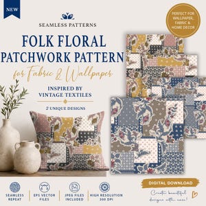 Könnte beinhalten: Digitaler Download mit Folk-Floral-Patchwork-Mustern für Stoff und Tapeten. Das Design ist von Vintage-Textilien inspiriert und enthält zwei einzigartige Designs. Das Bild zeigt ein Kissen und Stoffquadrate mit floralen Mustern in gedämpften Farben.