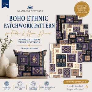 May include: Digital download of Boho Ethnic Patchwork Pattern designs for fabric and home decor. The design features a pillow and fabric samples with a repeating pattern in shades of purple, tan, and black. The text reads "Seamless Patterns" and "Inspired by Tribal Textile Patterns."