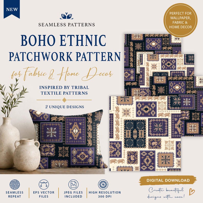 May include: Digital download of Boho Ethnic Patchwork Pattern designs for fabric and home decor. The design features a pillow and fabric samples with a repeating pattern in shades of purple, tan, and black. The text reads "Seamless Patterns" and "Inspired by Tribal Textile Patterns."