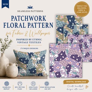 May include: Digital download of a patchwork floral pattern for fabric and wallpaper, inspired by vintage textiles. The image shows a cushion and fabric swatches with the design. Includes two unique designs, perfect for home decor.