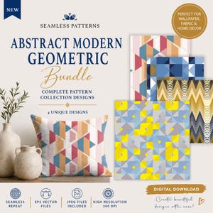 May include: An image showcasing an abstract modern geometric pattern bundle. The design includes a pillow with a geometric pattern, along with several pattern samples. The color palette features shades of red, blue, yellow, and beige. The text reads "Abstract Modern Geometric Bundle".