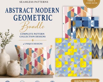 May include: An image featuring an abstract modern geometric pattern bundle. The design includes a cushion with a geometric pattern, along with several pattern samples. The colour palette features shades of red, blue, yellow, and beige. The text reads "Abstract Modern Geometric Bundle".