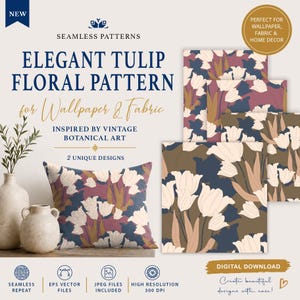 May include: An elegant tulip floral pattern for wallpaper and fabric, inspired by vintage botanical art. The design features white tulips on a dark blue, burgundy, and tan background. Includes a pillow and fabric samples. Digital download.