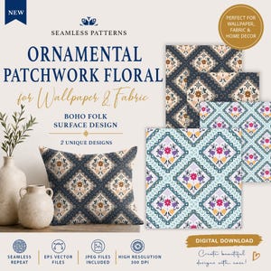 May include: A digital download featuring ornamental patchwork floral designs for wallpaper and fabric. The designs include a pillow with a dark blue background and floral patterns, and several fabric swatches. The image also includes text that says "BOHO FOLK SURFACE DESIGN".