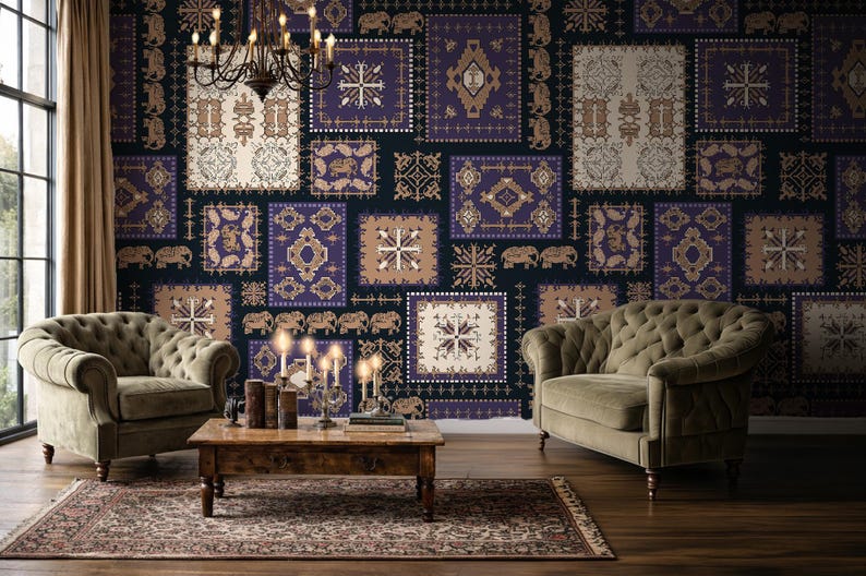 May include: A living room with a patterned wallpaper in navy, purple, and tan squares. Two olive green tufted armchairs and a wooden coffee table are in front of the wall. A chandelier hangs above.