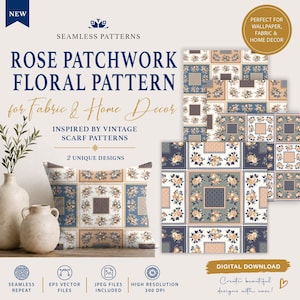 May include: Rose patchwork floral pattern for fabric and home decor. Inspired by vintage scarf patterns. The design features a square pattern with floral and geometric elements in shades of blue, beige, and brown. Includes seamless repeat, EPS vector files, and JPEG files.