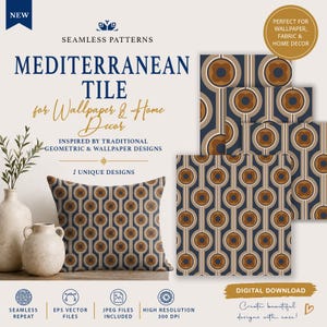 May include: A decorative pillow and fabric samples with a repeating geometric pattern in shades of blue, brown, and beige. The image also includes the text "Mediterranean Tile for Wallpaper & Home Decor".