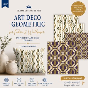 Pode incluir: Padrões geométricos Art Déco sem costura para tecido e papel de parede. A imagem apresenta uma almofada, amostras de padrões e o texto "Art Deco Geometric" e "Inspirado em designs Art Déco". A paleta de cores inclui dourado, verde e roxo.