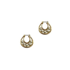 Vintage Gold Plated Faux Pearl Hoop Earrings: 90s Chic