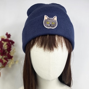 Dark Blue Cotton Yellow Grey Cat Cute Animal Winter Unisex Beanie Hat