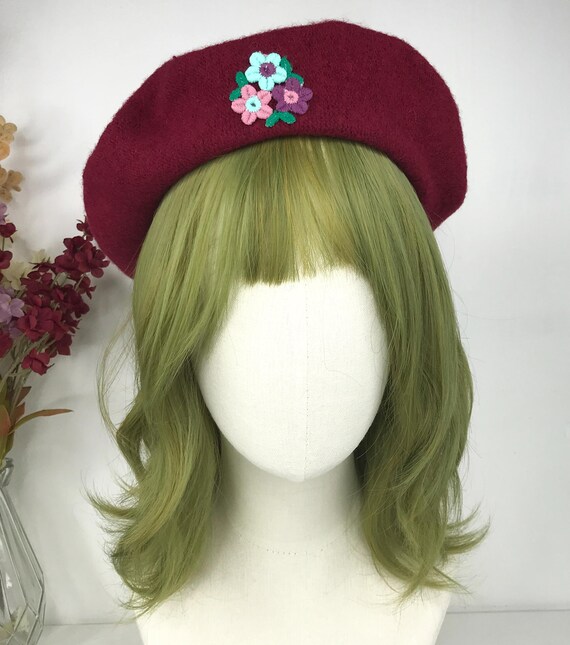 Burgundy Wool Beret With Floral Accent: French Chic Hat - Etsy display picture 3