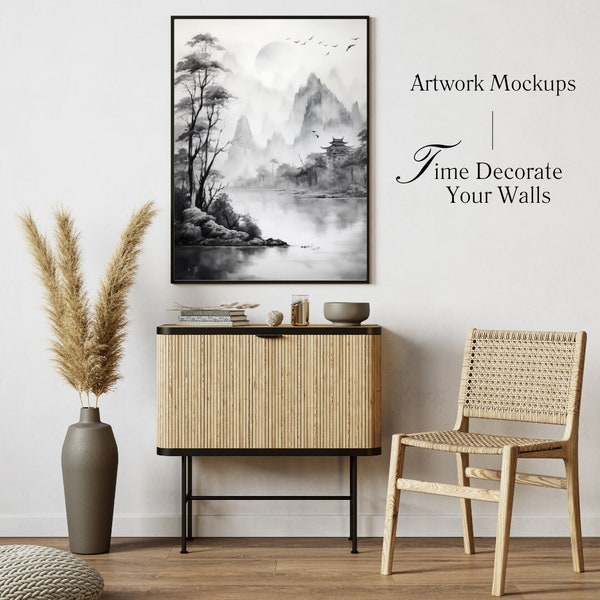 Mystical Mountain Retreat - Traditional Asian-Inspired Ink Wash Painting Black and White Asian Inspired Landscape Painting