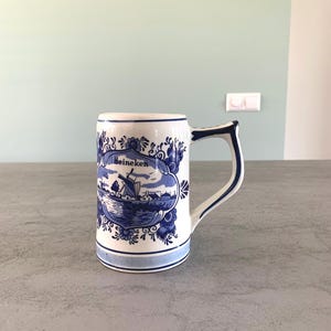 Vintage Heineken Delfts Blue cup, beer mug with a ship and Dutch windmill