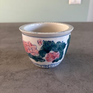 Peut inclure: Un petit pot en céramique blanche avec un motif floral bleu et blanc. Le pot a des fleurs roses et des feuilles vertes.