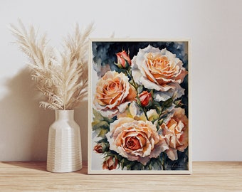 Rose Artwork - Lush Red & Orange Roses Oil Painting Printable Decorative Wall Art - Perfect Valentine's Day Gift for Her
