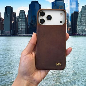 Personalized Leather Case for iPhone 17: Gold Initials Monogram Engraved Luxury Phone Cover