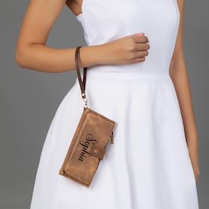 Premium Leather Phone Wallet: Crossbody Bag with Card Holder, Shoulder & Wrist Strap, Laser Engraved