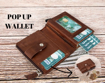 RFID Protection Personalized Wallet with Engraving, Personalized Leather Pop up Wallet, Mechanical Card Holder, Wallet with Zipper Pouch