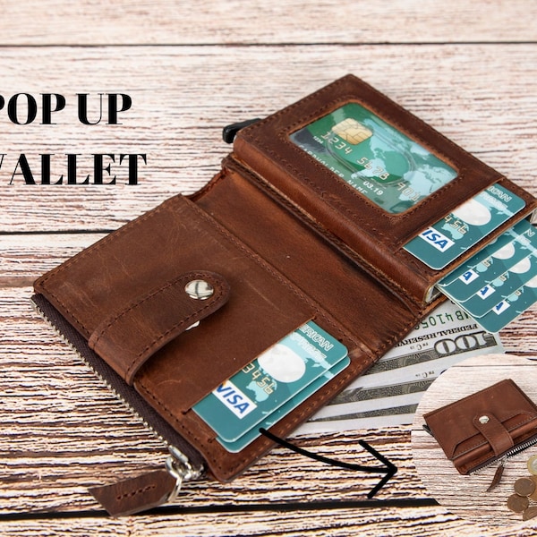 RFID-Schutz Personalisierte Brieftasche mit Gravur, Personalisierte Leder Pop-up-Brieftasche, Mechanischer Kartenhalter, Brieftasche mit Reißverschlusstasche