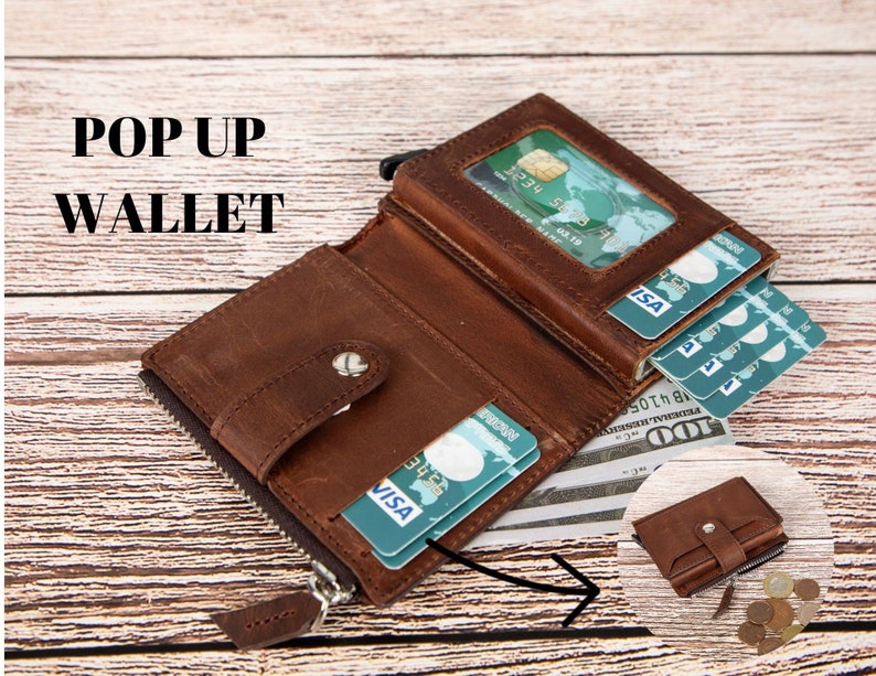 RFID Protection Personalized Wallet with Engraving, Personalized Leather Pop up Wallet, Mechanical Card Holder, Wallet with Zipper Pouch Bild 1