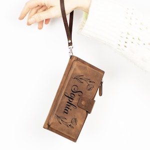 Cartera personalizada para celular con correa para la muñeca, billetera de cuero personalizada para mujer, compartimento para teléfono, regalo para el Día de la Madre