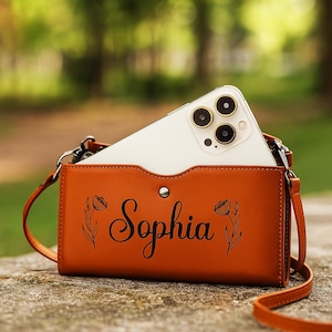 Leather Wallet for Women with Phone Compartment, Personalized Leather Women's Wallet, Crossbody Phone Wallet, Adjustable Shoulder Strap