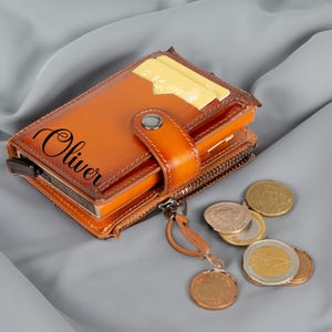 Cartera de cuero desplegable, cartera personalizada para hombre, tarjetero mecánico RFID, cartera de bolsillo frontal, cartera de cuero con cremallera
