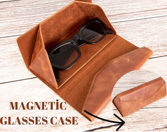 Leather Foldable Glasses Case, Personalized Soft Eyeglasses Case with Magnetic Button,Glasses Case with Magnetic Clasp, Mother's Day Gift
