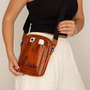 Crossbody Leather Bag with Phone Compartment, Modern Travel Accessory, Soft Leather, Personalized Leather Women's Bag, Gift For Wife, Wallet