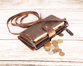 Women Leather Wallet, Phone Compartment, Zippered Compartment, Adjustable Shoulder Strap, Card Holder, Personalized Crossbody Phone Wallet