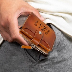 Personalisierte Leder Pop Up Mini Mechanik Brieftasche & Kartenhalter, RFID-blockierende Mini-Kreditkartenhülle, Lederbrieftasche mit Reißverschlusstasche