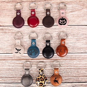 Leather  Halloween Gift, Leather Keychain Holder For Air Tag, Personalized Apple Airtag Holder, AirTag KeyRing Leather Case, Dog Airtag