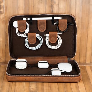 Cable Organizer Travel, Leather Cable and Charger Organizer Bag, Handmade Tech Organizer,  Electronics Travel Organizer, Gift Anniversary