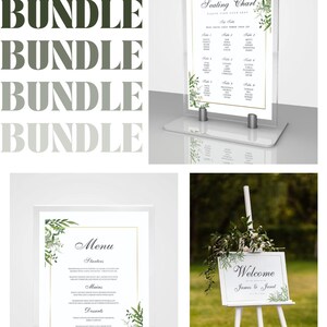 May include: A bundle of wedding stationery items. Includes a seating chart, menu, and welcome sign. Each piece features a gold border and floral accents. The welcome sign is on a white easel, and the menu is on a black stand.