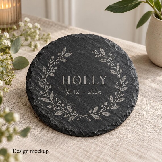 Personalised Quiet Botanical Keepsake Small Slate Pet Memorial Keepsake, Name and Dates